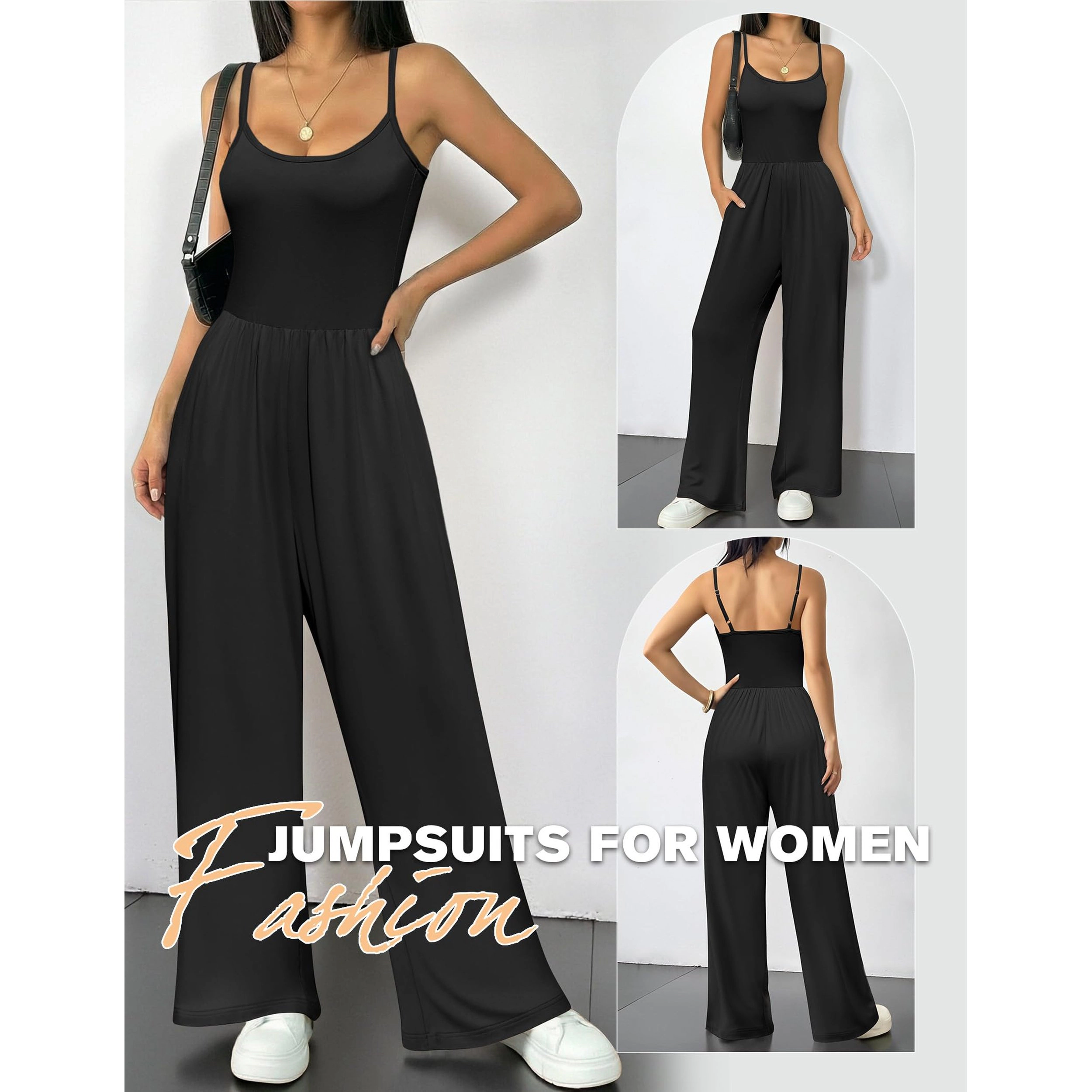 Ekouaer Women's Scoop Neck Spaghetti Strap Wide Leg Jumpsuit