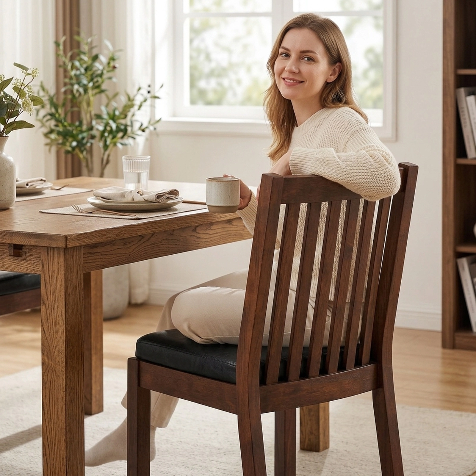 SUGIFT Espresso Faux Leather Dining Chairs, Set of 2, Padded Slat Back, Rubber Wood Frame