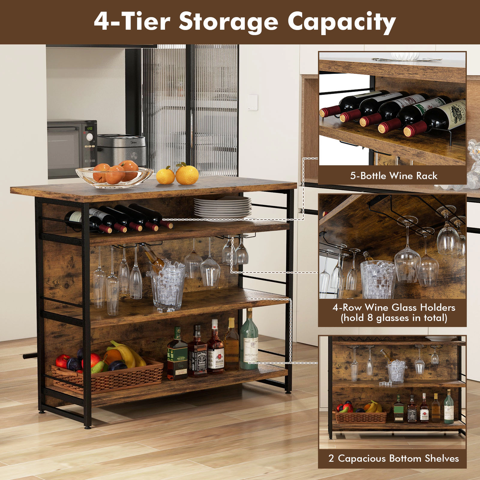 SUGIFT Kitchen Island 4-Tier Storage Shelf & Long Footrest 150-lb Tabletop Capacity 60-lb Shelves Rustic Brown/Black