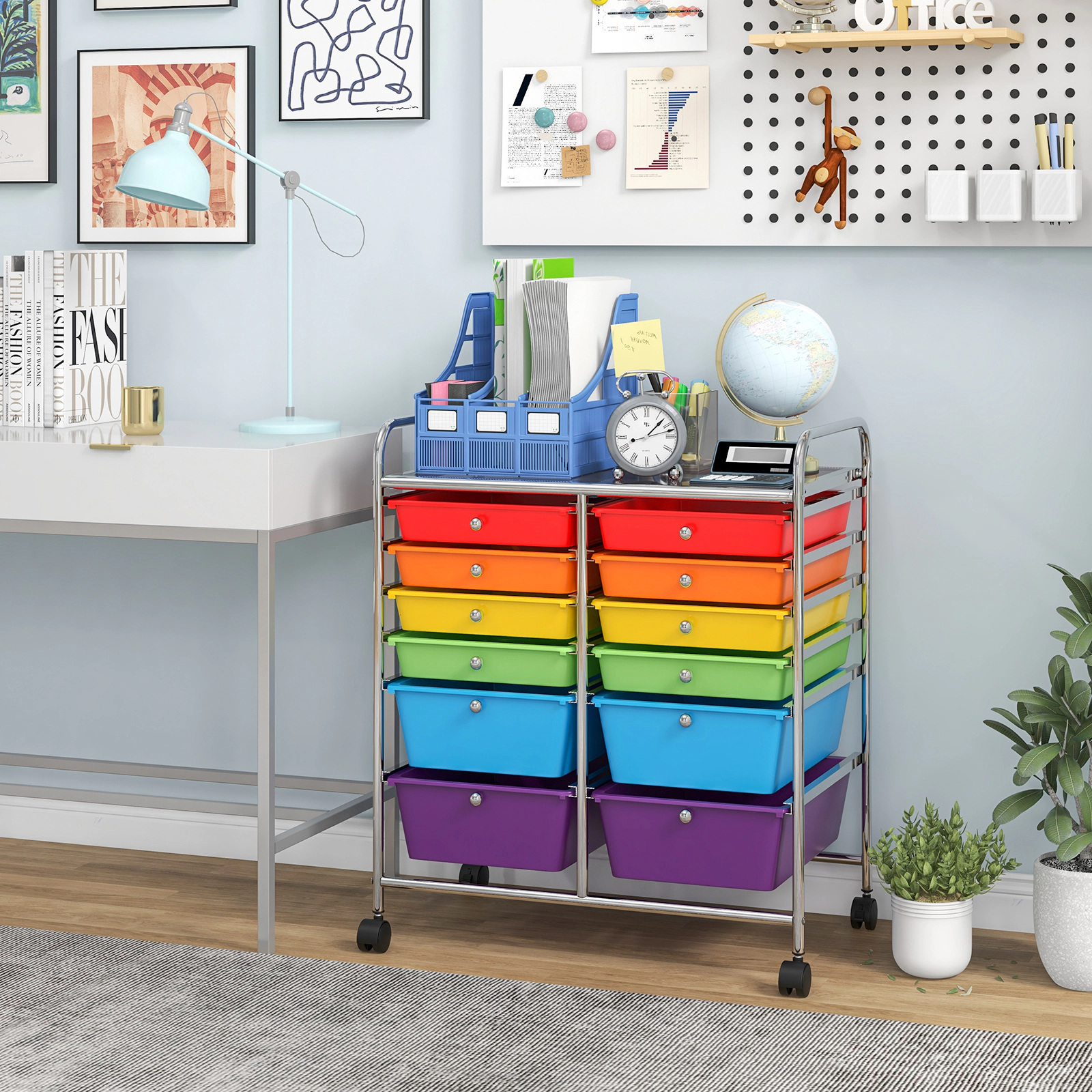 SUGIFT 12-Drawer Craft and Cosmetics Organizer Rolling Cart with Scrapbook Paper Bins and Swivel Casters