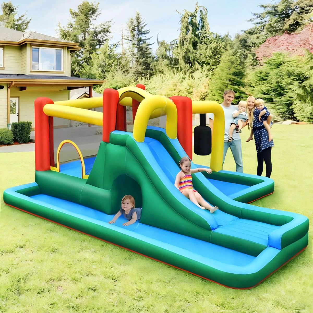 SUGIFT Inflatable Water Slide Climbing Bounce House with Tunnel & 735W Blower 265-lb Capacity Ages 3-10 Blue Yellow Red