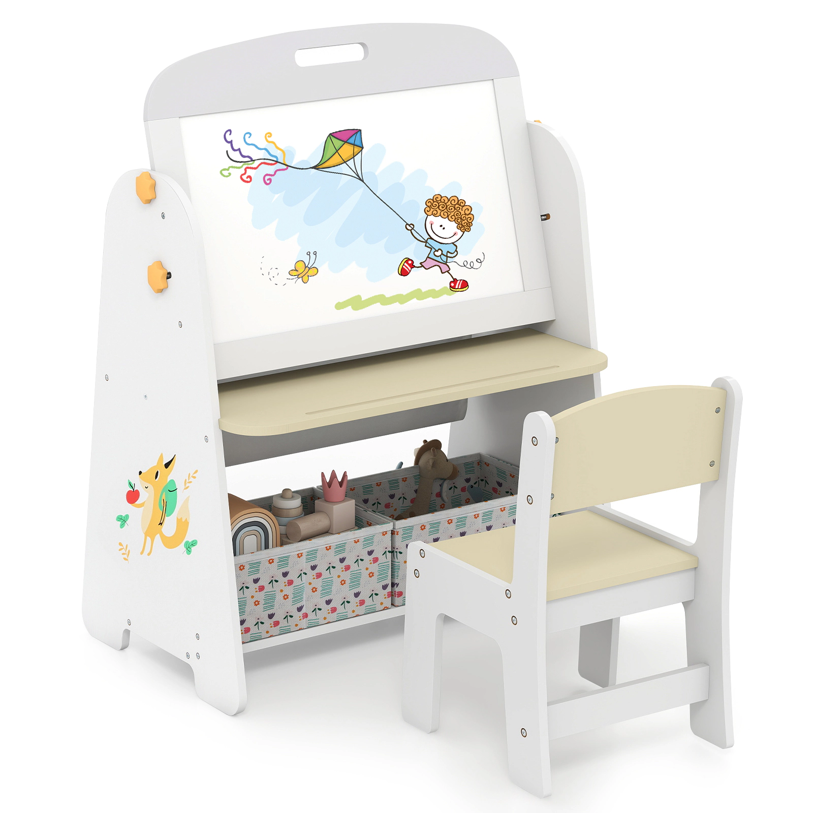 SUGIFT Natural Magnetic Whiteboard and Bookshelf Kids 4-in-1 Art Easel Table and Chair Set