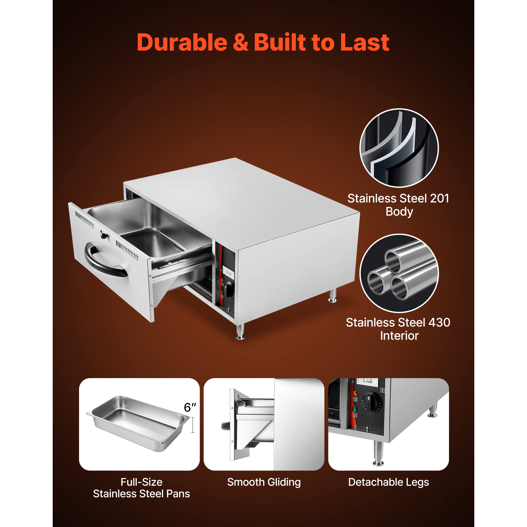 HONGGE Commercial Electric Single-Drawer Stainless Steel Food Warmer Freestanding Warming Cabinet