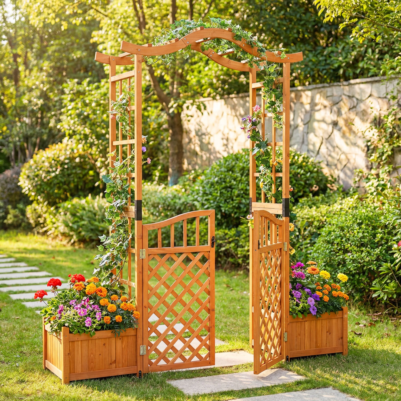 SUGIFT Yellow Wooden Garden Arbor with Gate and 2 Planter Boxes 73-in W 18-in D 83-in H 66-lb Per Planter Box