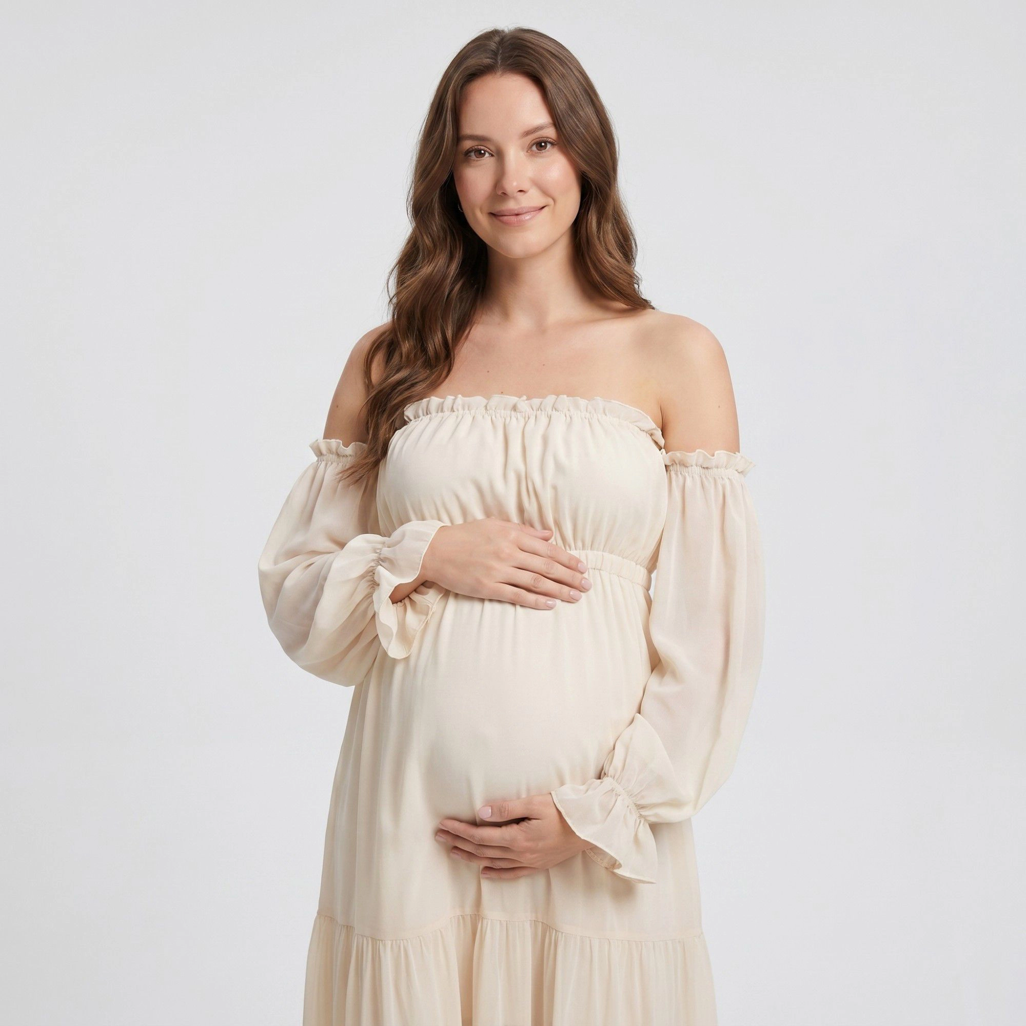 Anna-Kaci Women's Off Shoulder Sheer Long Sleeve Tiered Skirt Maternity Maxi Dress