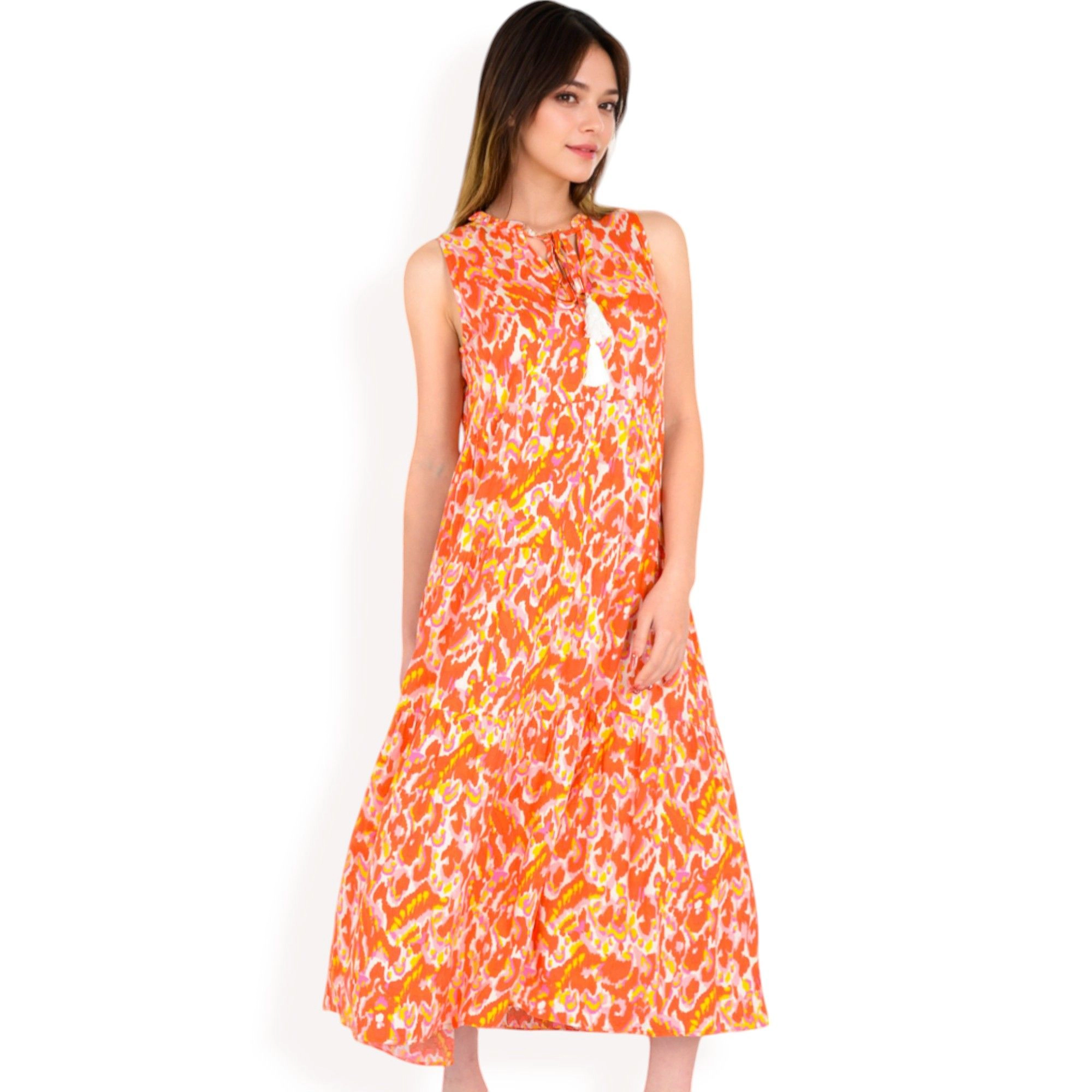 Anna-Kaci Women's Sleeveless Tiered Vibrant Abstract Print Tassel Tie Detail Maxi Dress