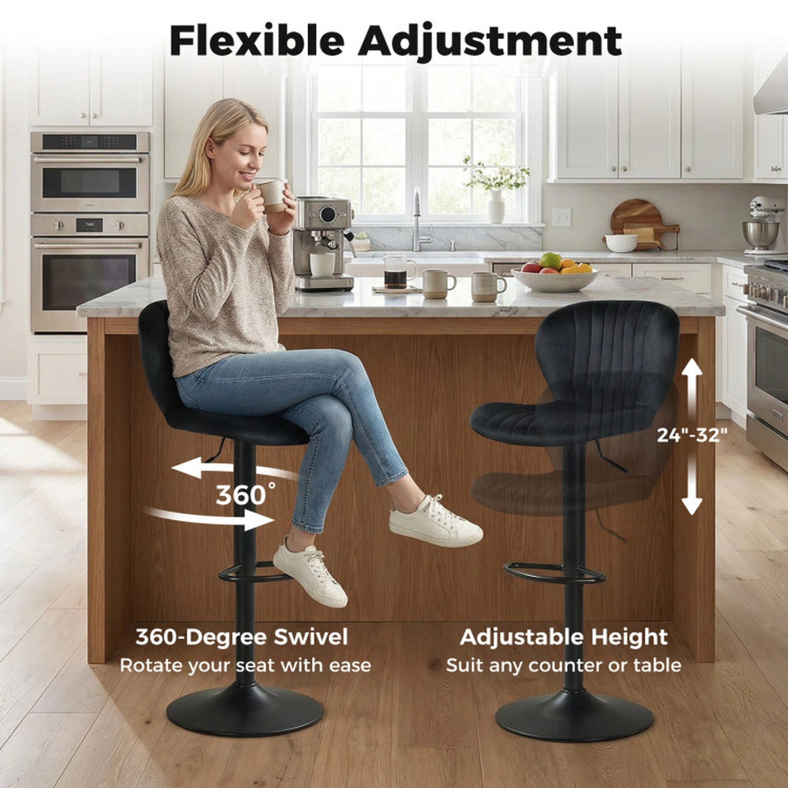 SUGIFT Adjustable Swivel Counter Height Bar Stools Set of 4 with Velvet Upholstered Backrests 330-lb Capacity Black