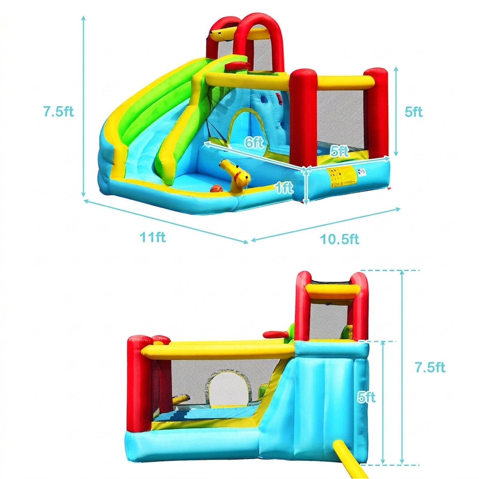 SUGIFT 6-in-1 Inflatable Bounce House with Climbing Wall, Water Slide, Pool and Basketball Hoop 300-lb Capacity