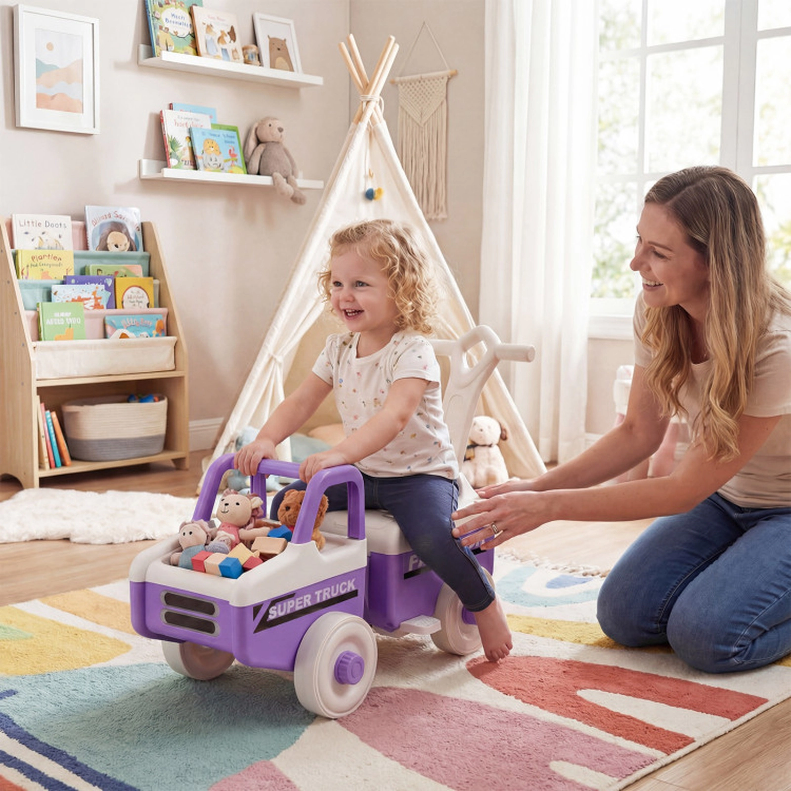 SUGIFT 4-in-1 Ride-On Push Car Foot-to-Floor Car Push Walker with Music Under-Seat Storage & Trailer 45-lb Capacity Ages