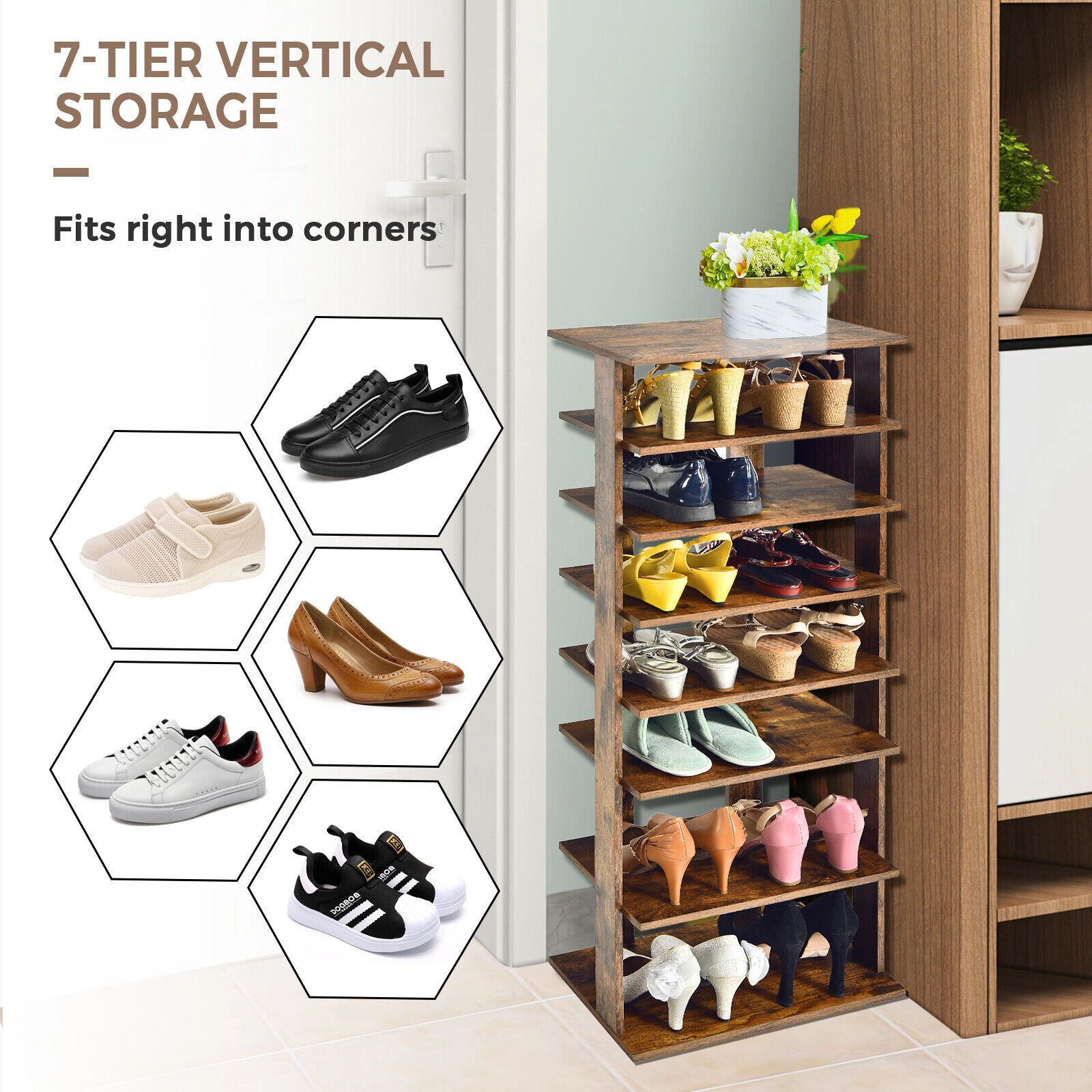 SlickBlue 7 Tier Shoe Storage Rack With Display Shelf, MDF
