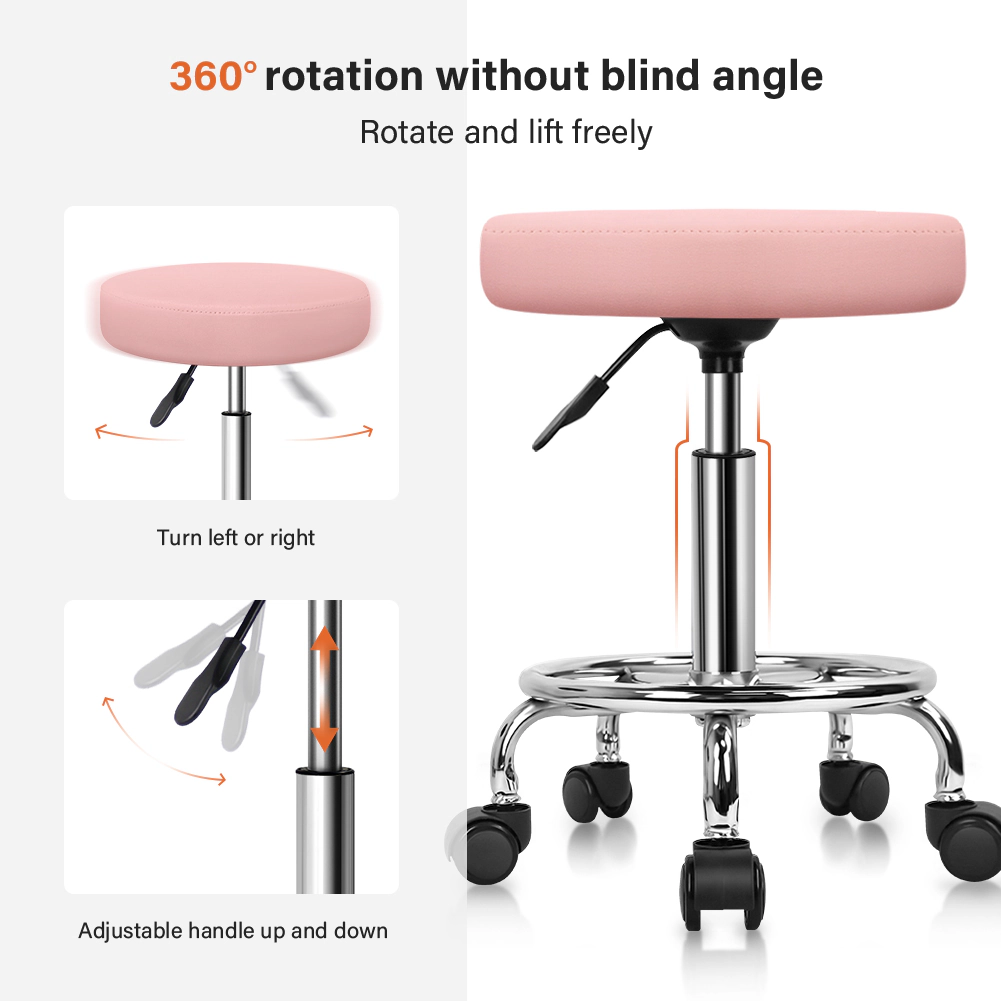 KKTONER PU Leather Round Rolling Stool with Foot Rest Swivel Height Adjustment Spa Office Massage Stools Small (Pink)