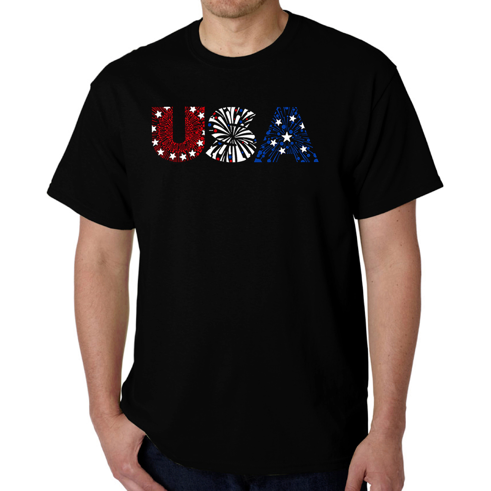 LA Pop Art Men's USA Fireworks Word T-Shirt
