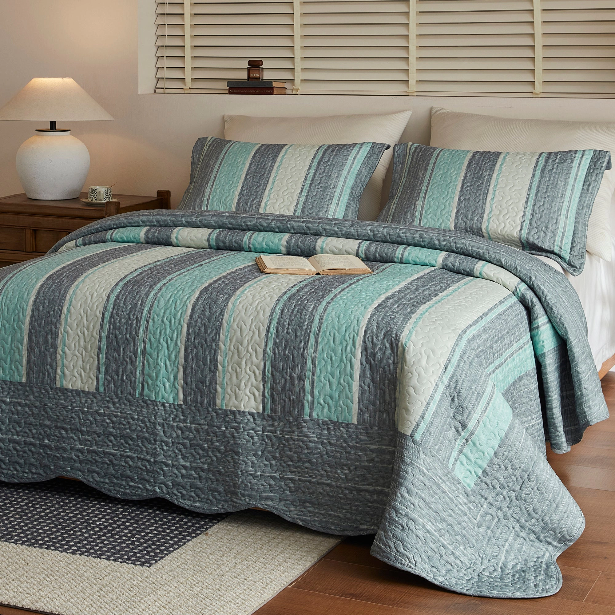 MarCielo 3 Pieces Modern Striped Quilt Bedspread Set,Lightweight Coverlet