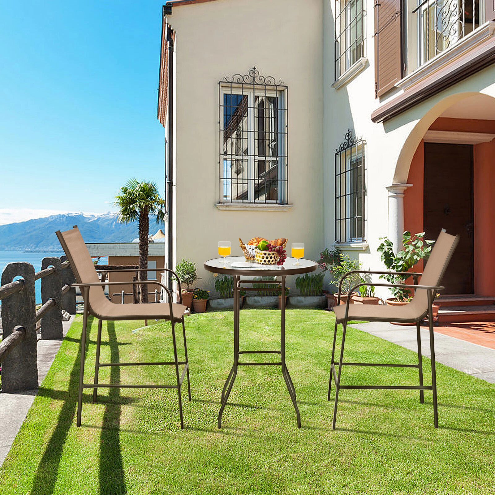 SUGIFT Brown Tempered Glass Top and Footrests 3-Piece Outdoor Bar Table and Stool Set