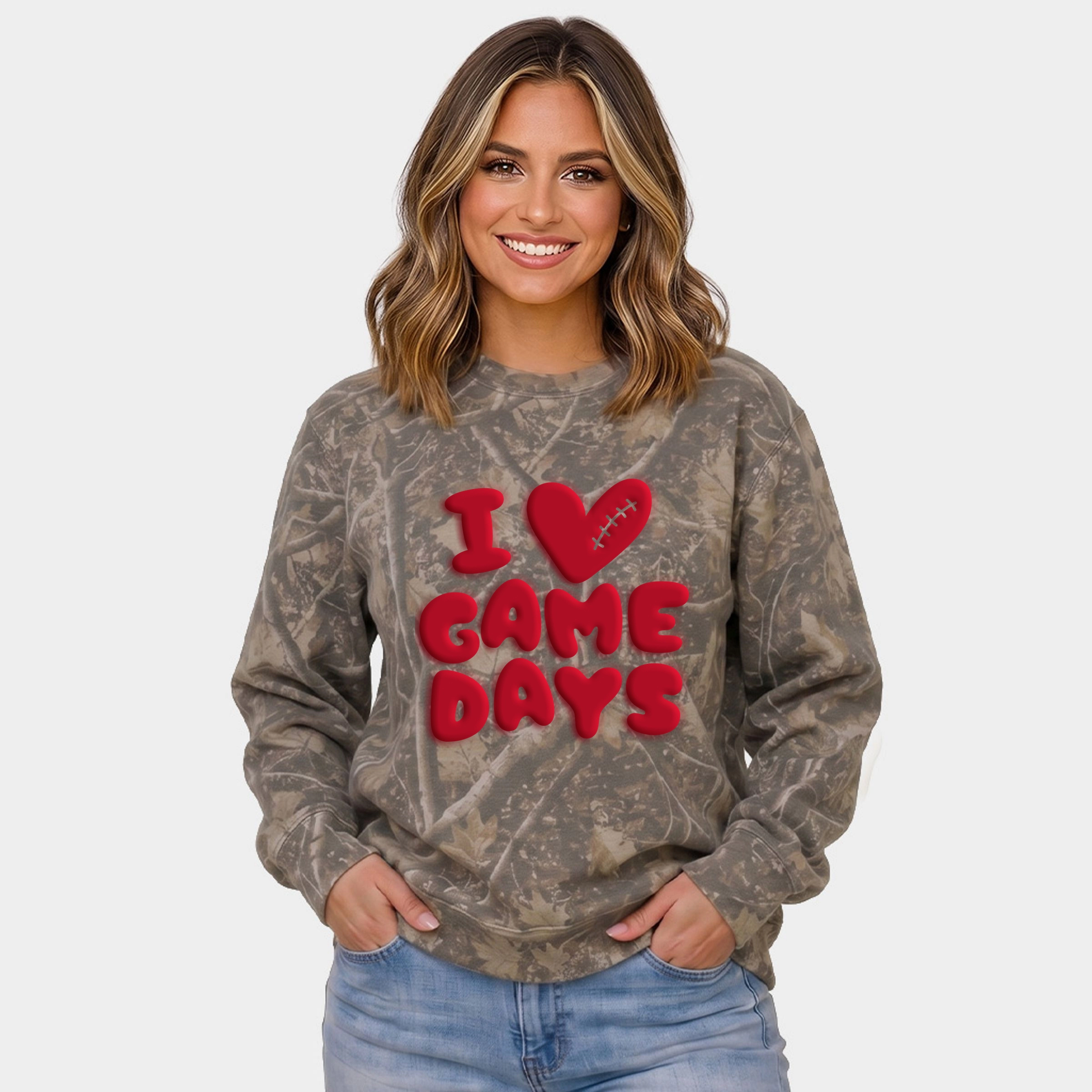 Simply Sage Market - Women's Camo Sweatshirt I Love Game Days Puff Print