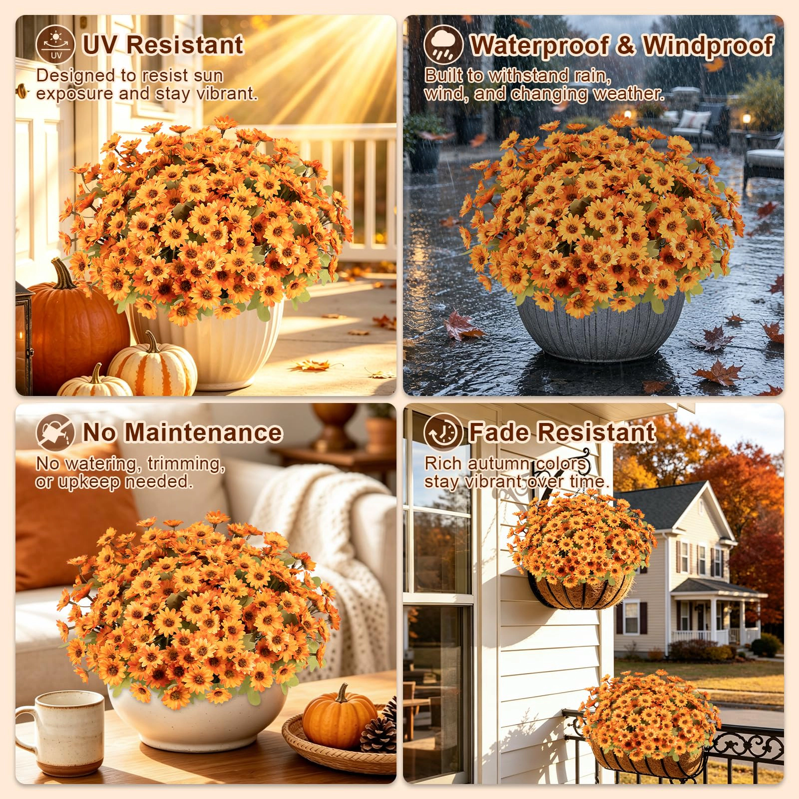PUPWE 12 Artificial Fall Flowers  Uv Resistant Faux Mums For Outdoors