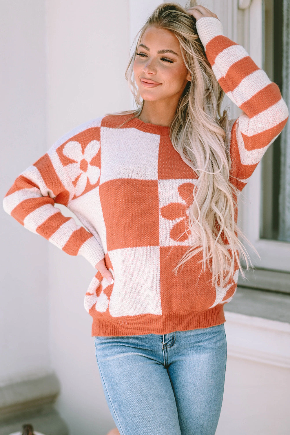 Threaded Pear Women's Miller Checkered Floral Striped Sleeve Sweater