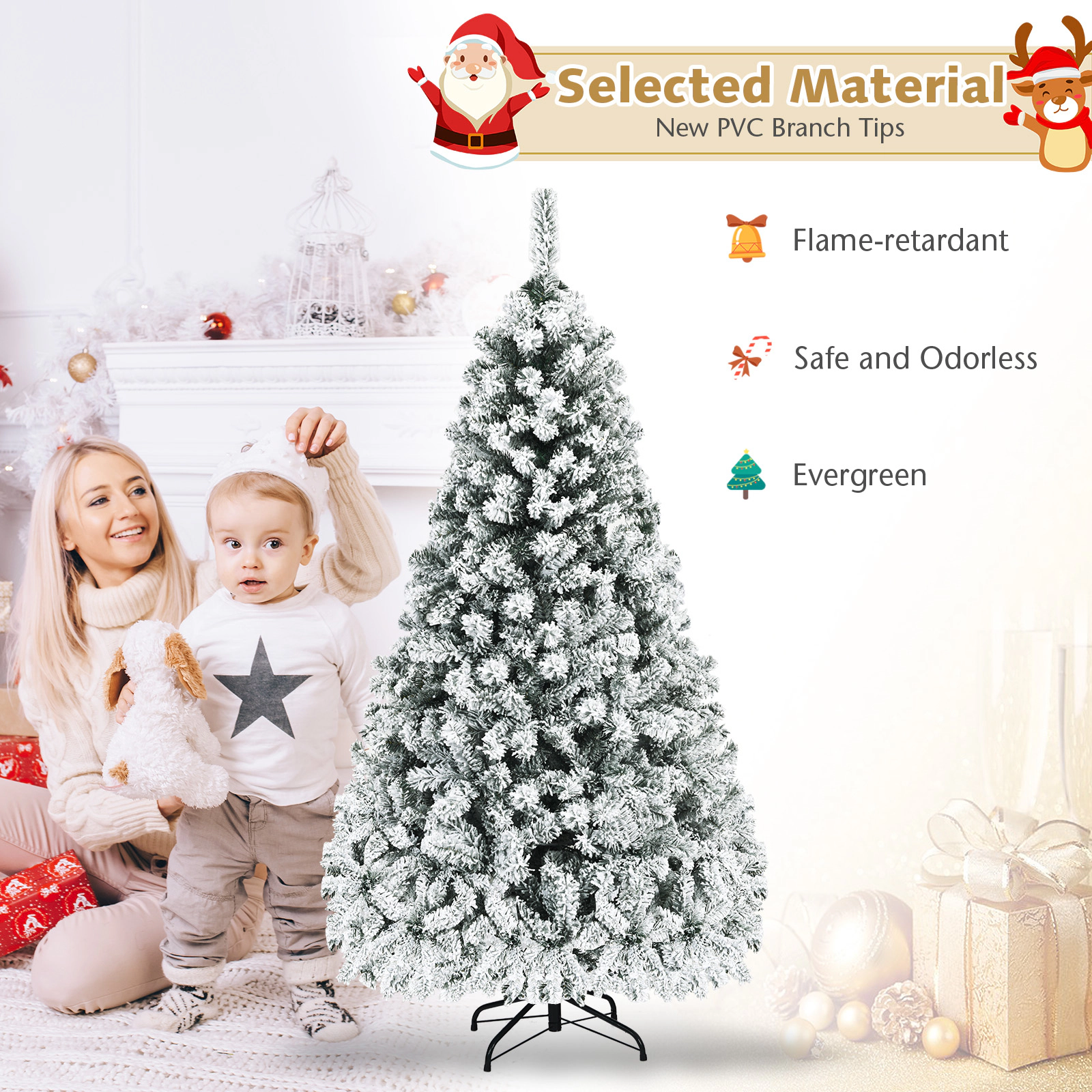 SUGIFT 6-ft Pre-Lit Hinged Snow Flocked Artificial Christmas Tree with 250 LED Lights and 600 Branch Tips