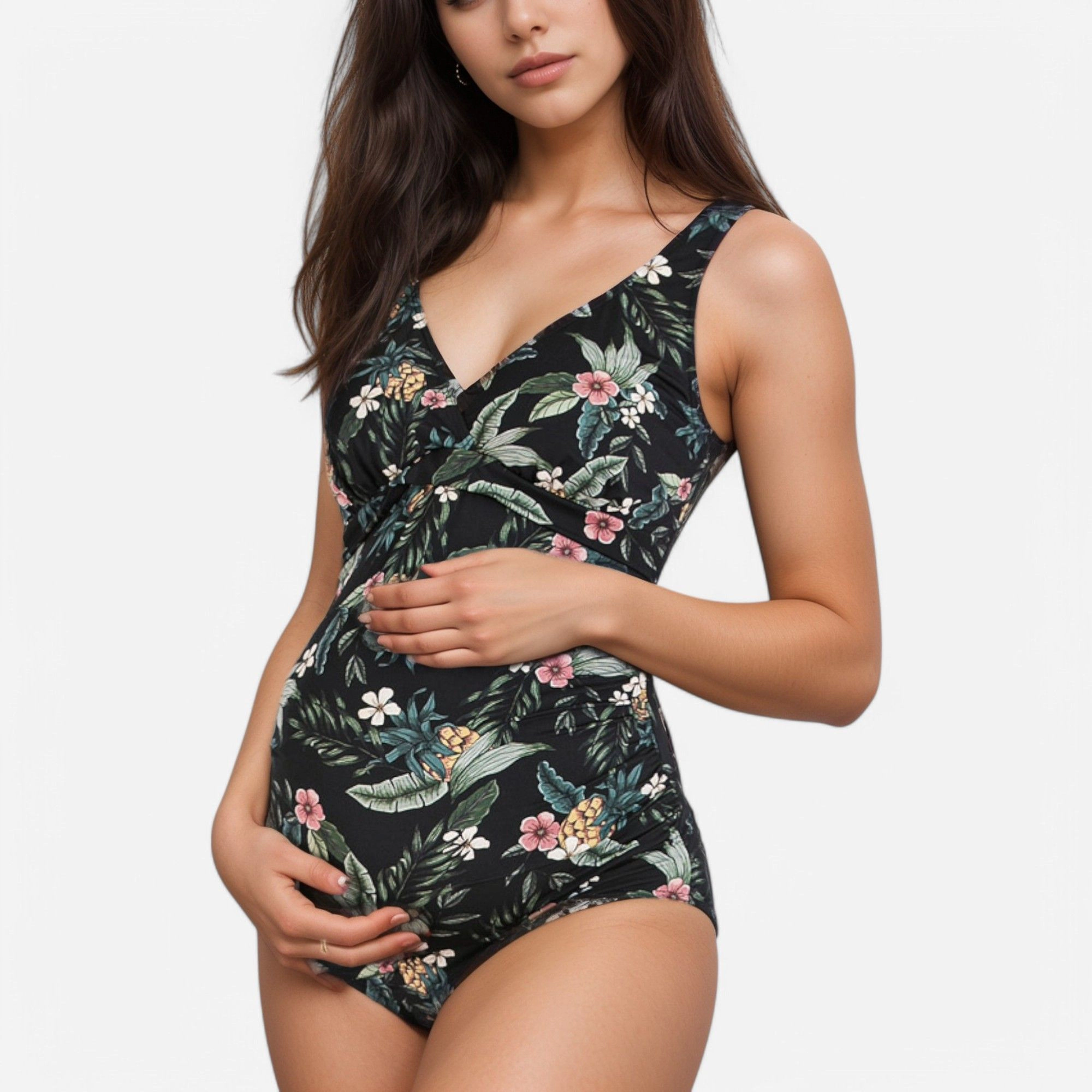 Anna-Kaci Women’s Tropical Print Maternity One-Piece Swimsuit V-Neck with Ruched Sides