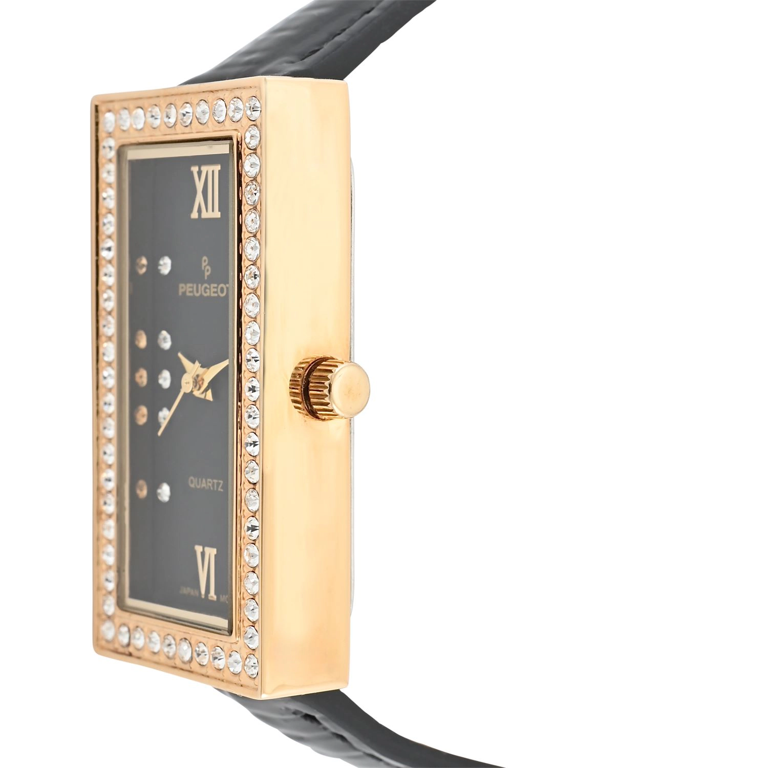 Peugeot Women's 35x20mm Crystal Bezel Watch with Glossy Black Leather Strap
