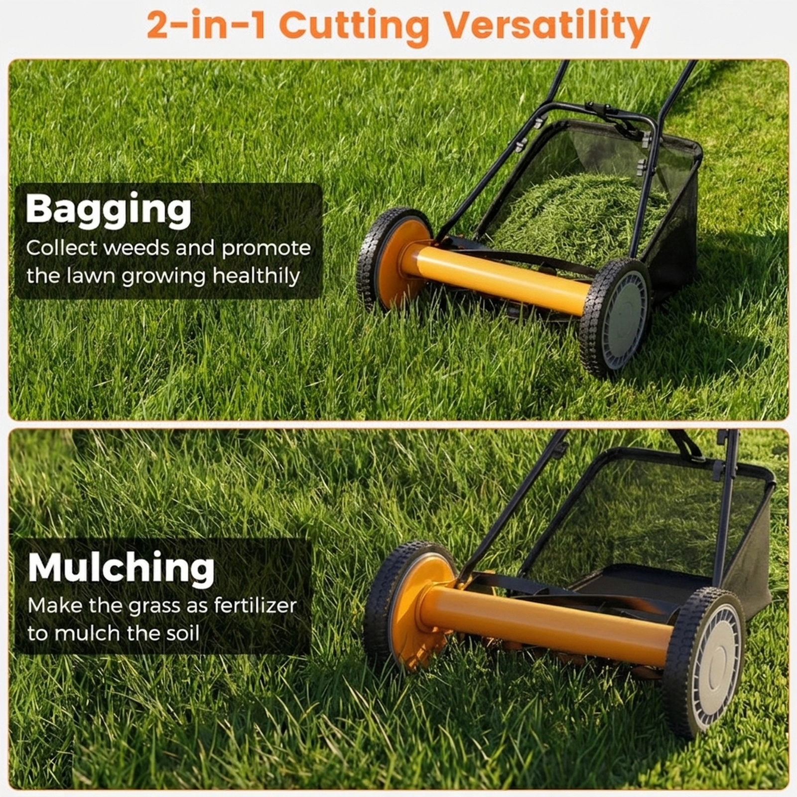 SUGIFT 16-in Cutting Width Manual Push Lawn Mower with 5 Steel Blades and Grass Catcher Bag Orange
