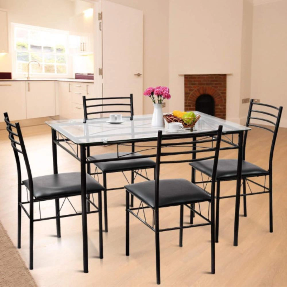 Hivvago 5 Pieces Dining Set With Tempered Glass Top Table And 4 Upholstered Chairs