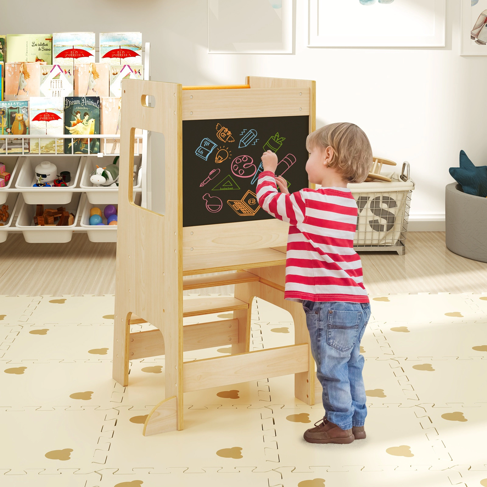 SUGIFT Adjustable Height Toddler Kitchen Step Stool with Chalkboards 132-lb Capacity Ages 3+ Natural/White