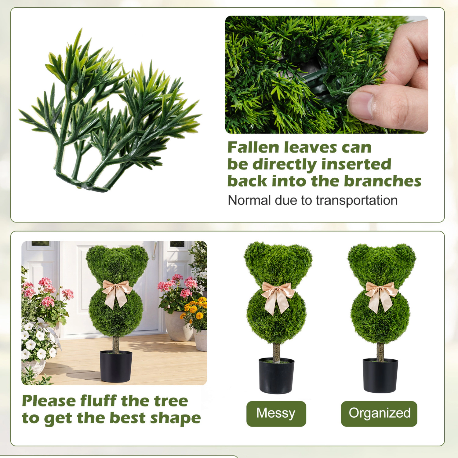 Slickblue Set of 2 Artificial Bear Topiary Trees with Pots 24.5 In Green Decor