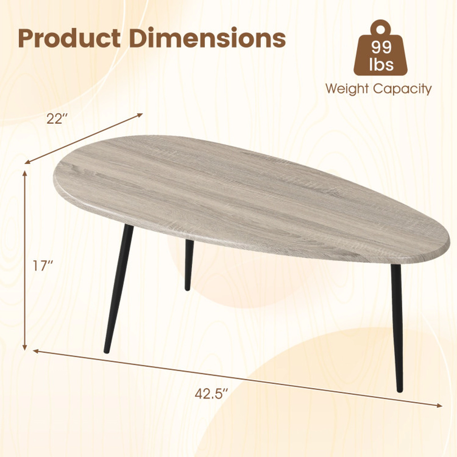 SUGIFT 42.5-in 99-lb Capacity Oval Mid Century Gray Coffee Table with Metal Frame and Adjustable Pads