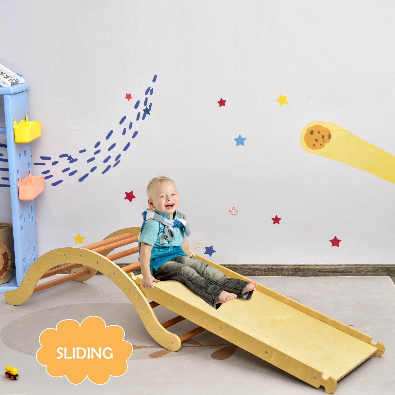 LJG 3-in-1 Kids Wooden Arch Triangle Rocker Climber Set with Ramp and Mat