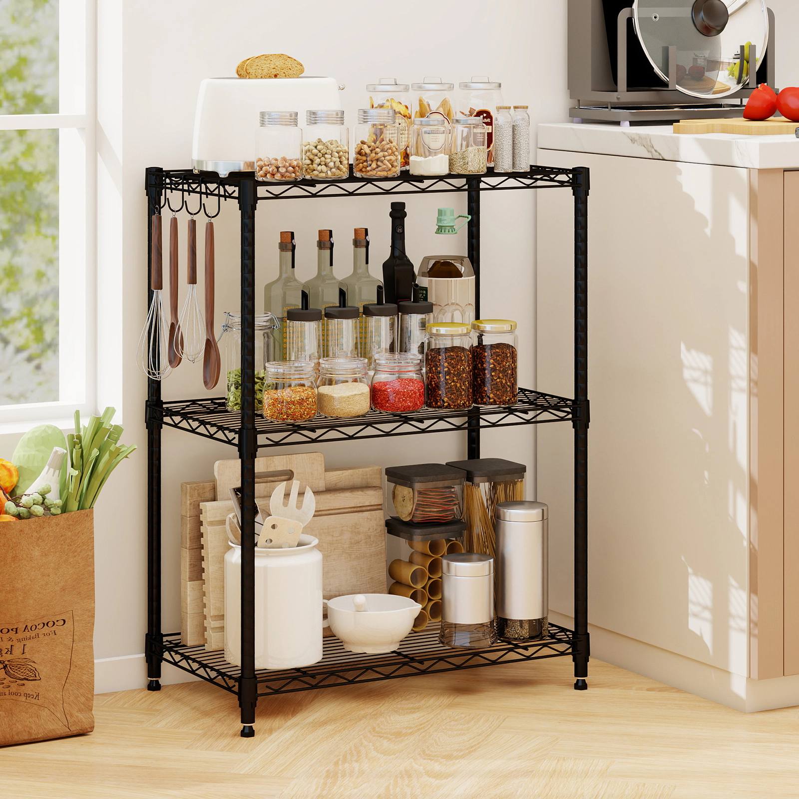 SUGIFT 3-Tier 450-lb Capacity Metal Storage Shelving Unit with V-Shaped Wire Rack and 4 Removable Hooks