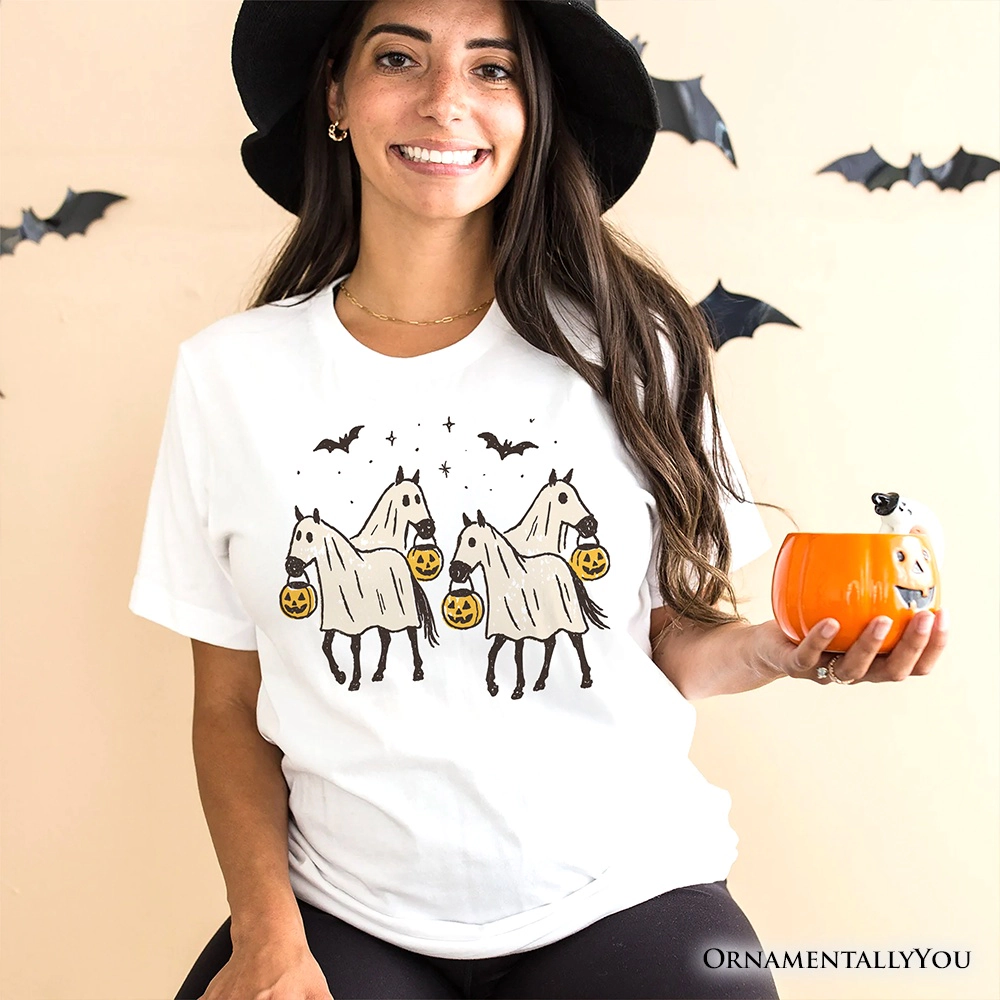 OrnamentallyYou Unisex Retro Halloween Horse Ghosts Spooky Western T-Shirt