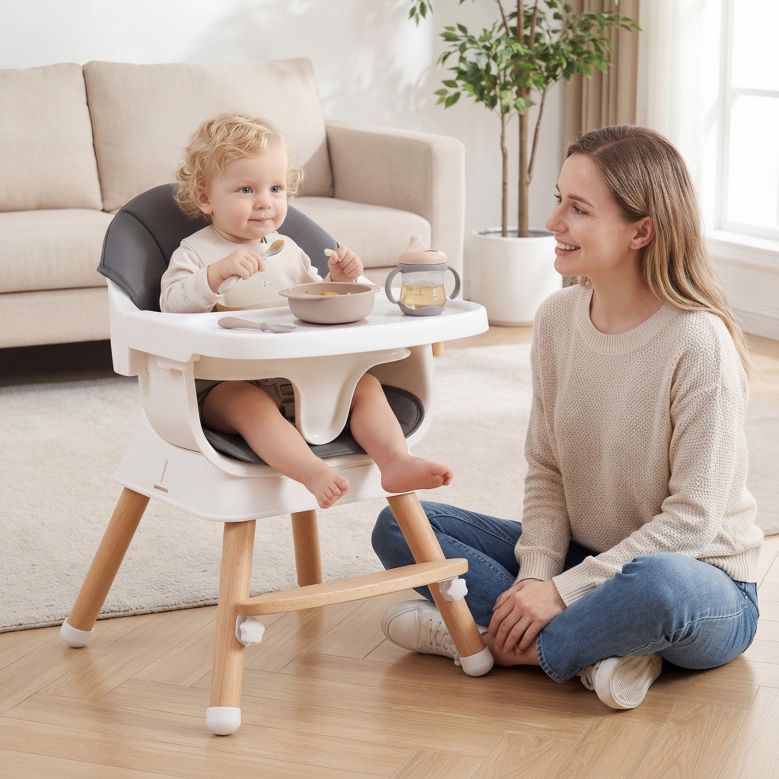 Solid Beech Wood Convertible High Chair for Babies and Toddlers 3-Position Tray Wide Footrest X-Brace Gray