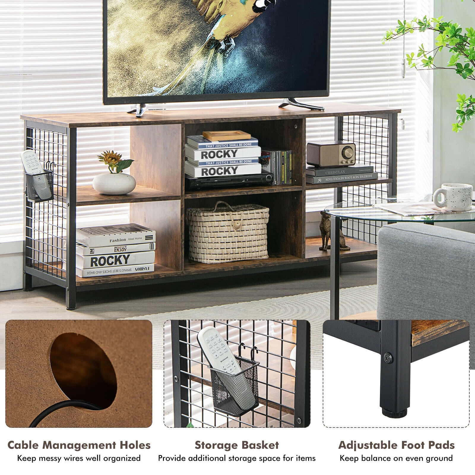 Glintex 55-Inch Mid-Century TV Stand with Storage Basket and Steel Frame, Rustic Brown