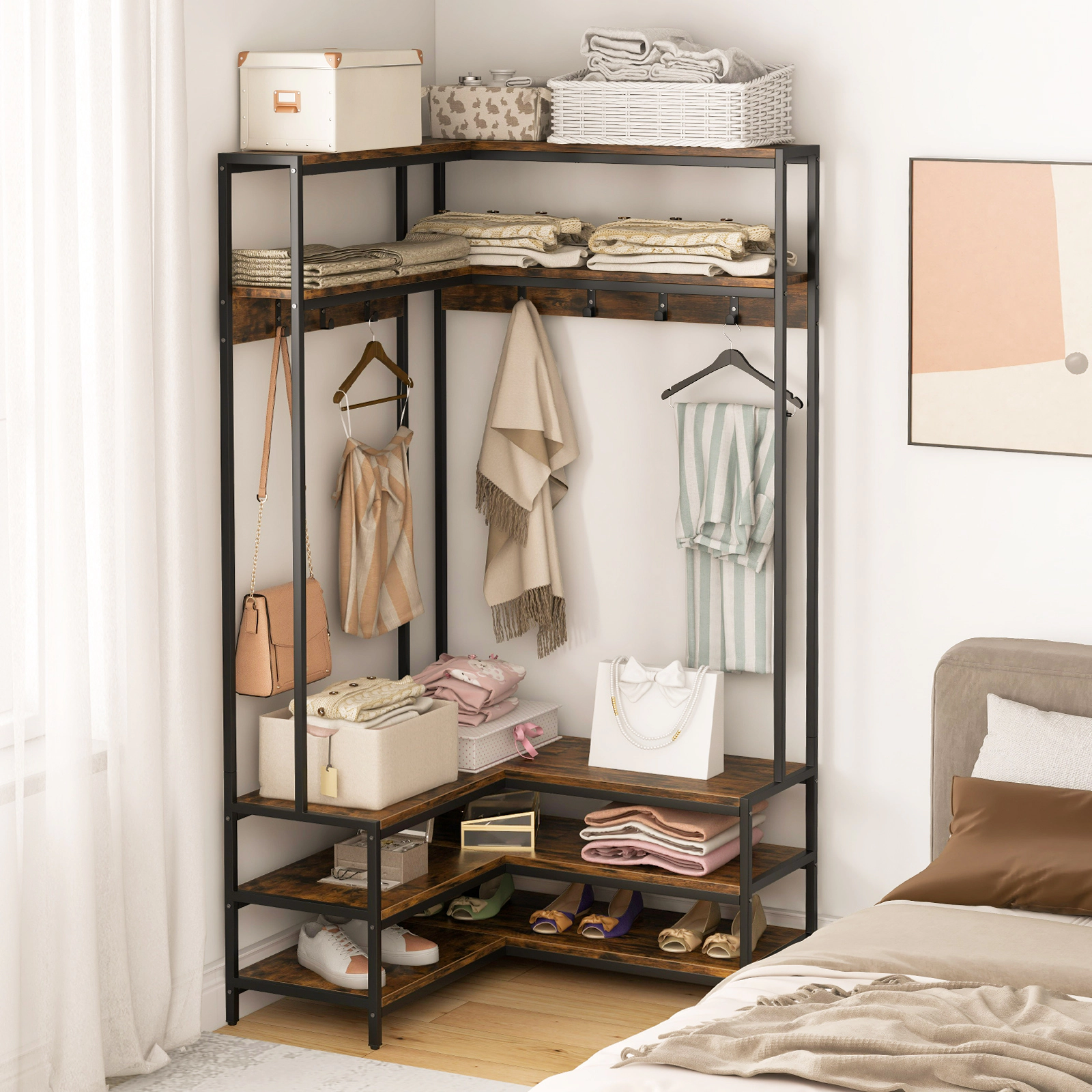 SUGIFT L-Shaped Open Shelves 7 Hooks Corner Garment Rack 35.5-in x 35.5-in x 70-in 200-lb Capacity Rustic Brown