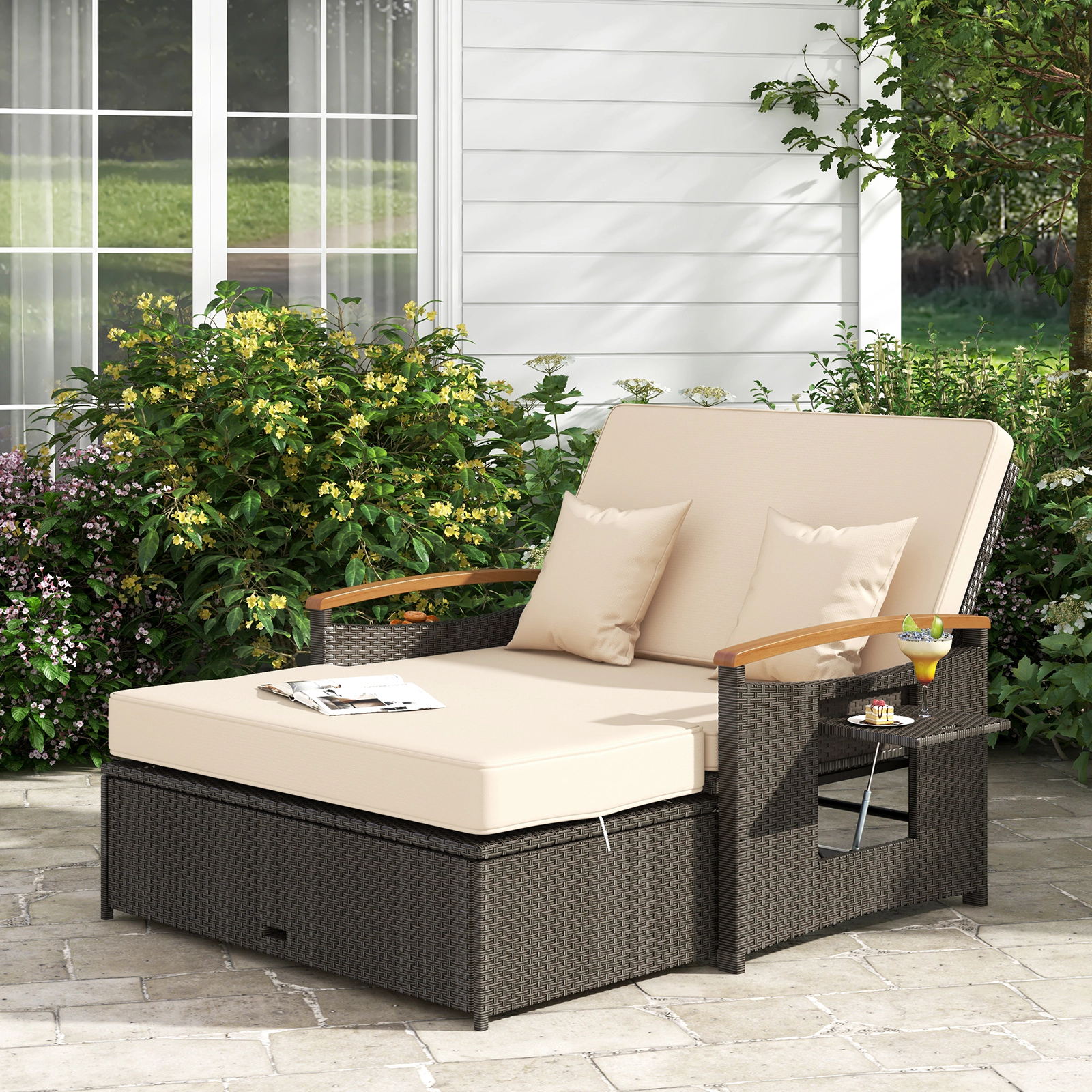 LJG Outdoor Wicker Daybed with Folding Panels and Storage Ottoman