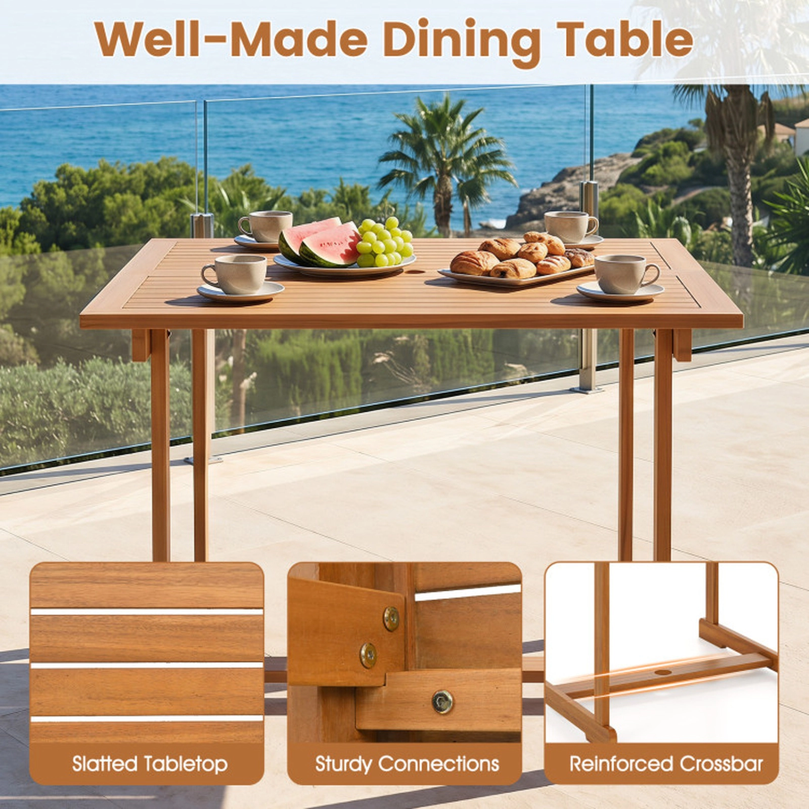 SUGIFT 35.5-in Square Acacia Wood Outdoor Dining Table for 4 with Umbrella Hole
