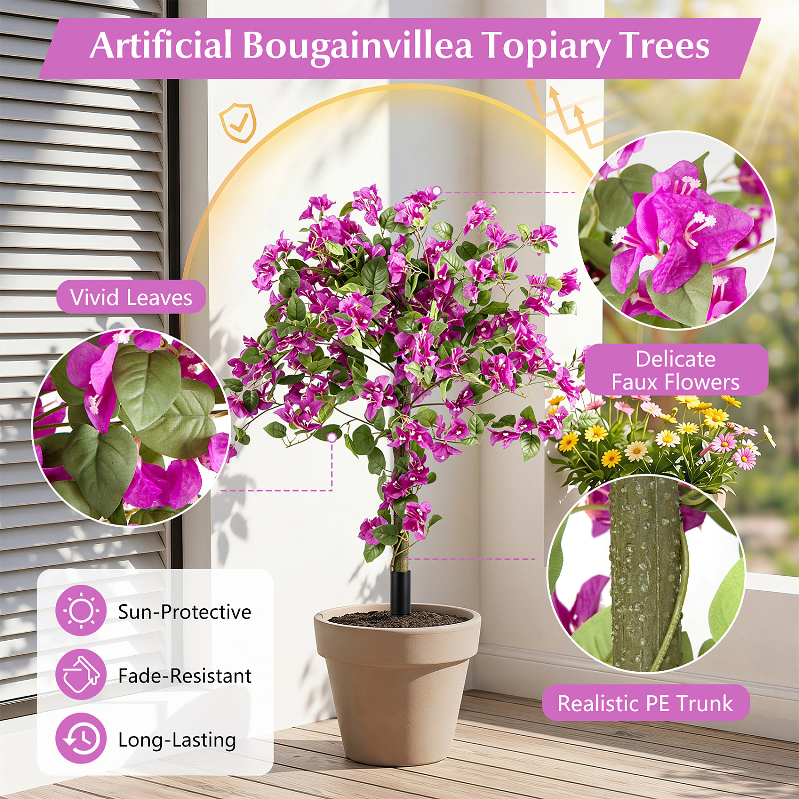 SUGIFT Set of 2 In-Ground PE Trunks Silk Blossoms Artificial Bougainvillea Trees 43.5-in Tall 8-in Spike 3-lb Pink