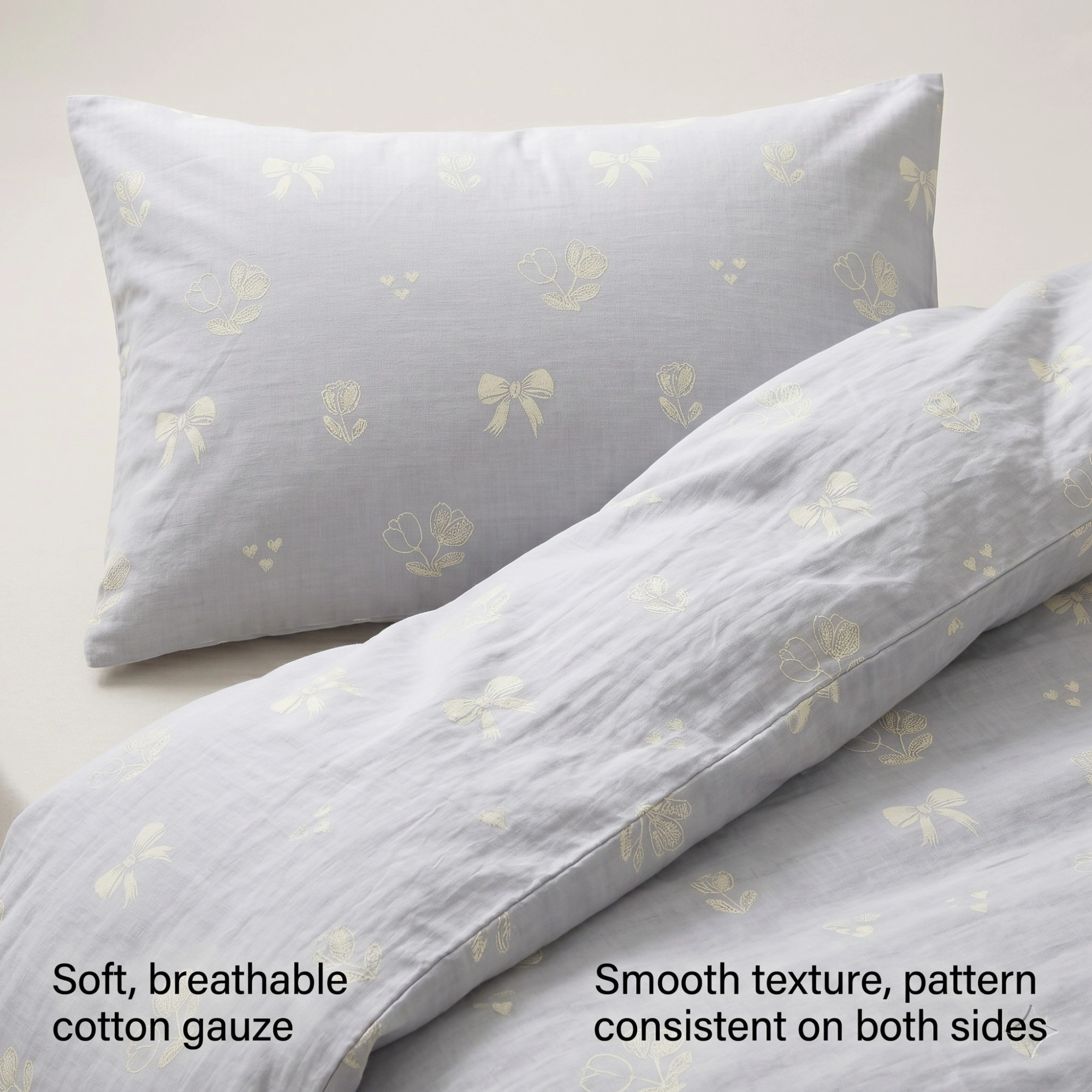 Alilang Unisex 3-Piece Cotton Bedding Set with Duvet Cover and Pillowcases Soft Washed Fabric Minimal Floral Bow Print