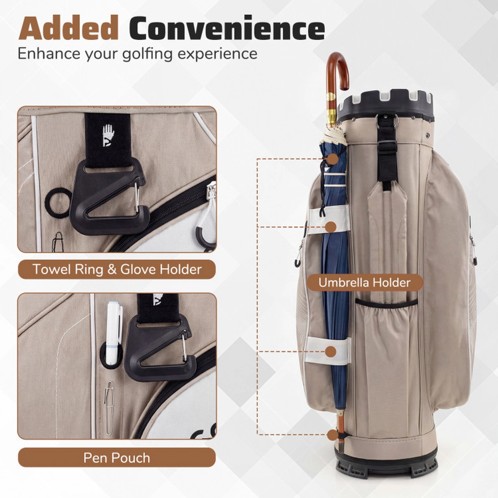 SUGIFT Khaki Golf Cart Bag with 14-Way Full Length Dividers and 11 Pockets 35.5-in H 13.5-in W 10.5-in D
