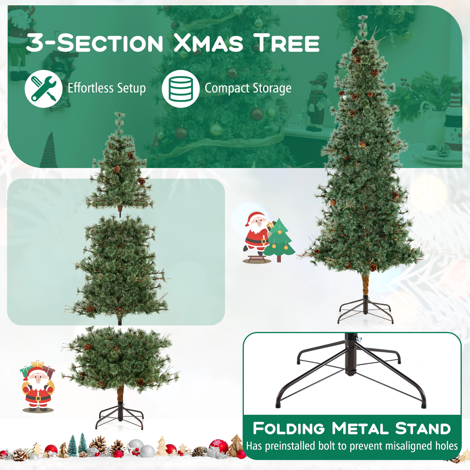 SUGIFT 8-ft Green Pre-Lit Artificial Spruce Christmas Tree with Cashmere Needles 36 Pine Cones and 400 LEDs