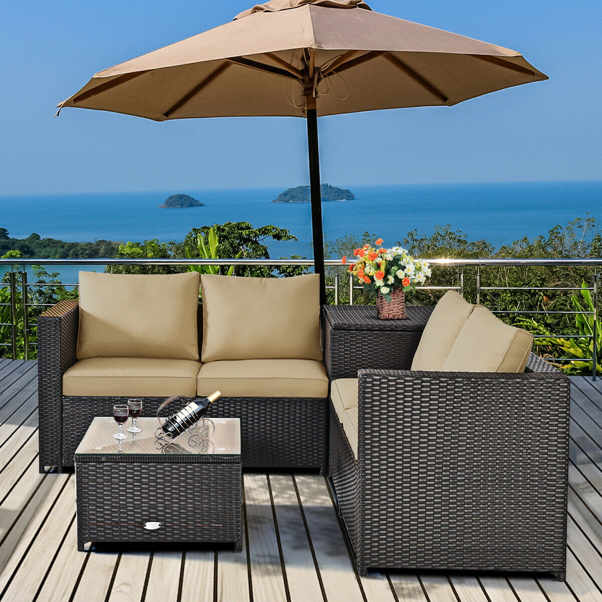 SUGIFT 4-Piece Brown Rattan Patio Set with Loveseat, Glass Coffee Table and Storage Table