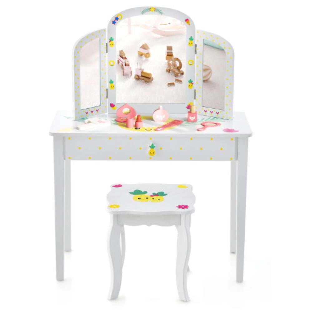 Hivvago Kids Vanity Table Set With Tri-Folding Mirror And Large Drawer-White
