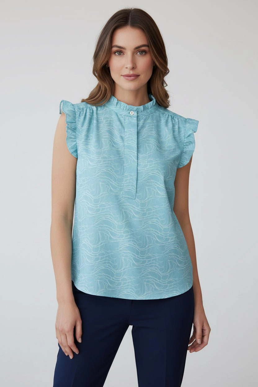 DressAtR Women's Ruffle Neck and Sleeveless Front Buttons Blue Blouse