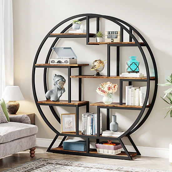 Tribesigns Round Bookshelf, 63 Inch Etagere Bookcase with Staggered Shelves Plant Stand