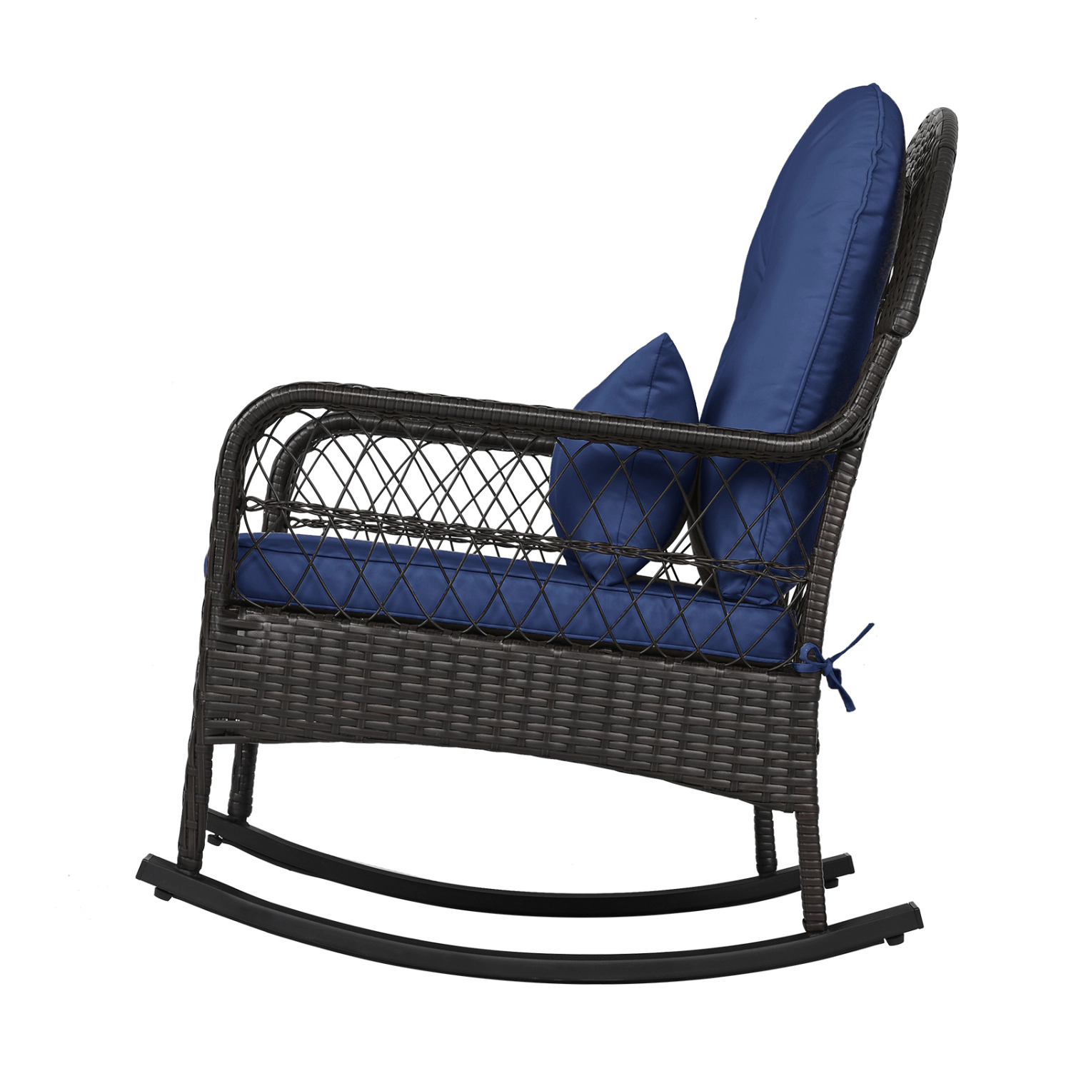 LJG Patio Rattan Rocking Chair with Seat Back Cushions and Waist Pillow