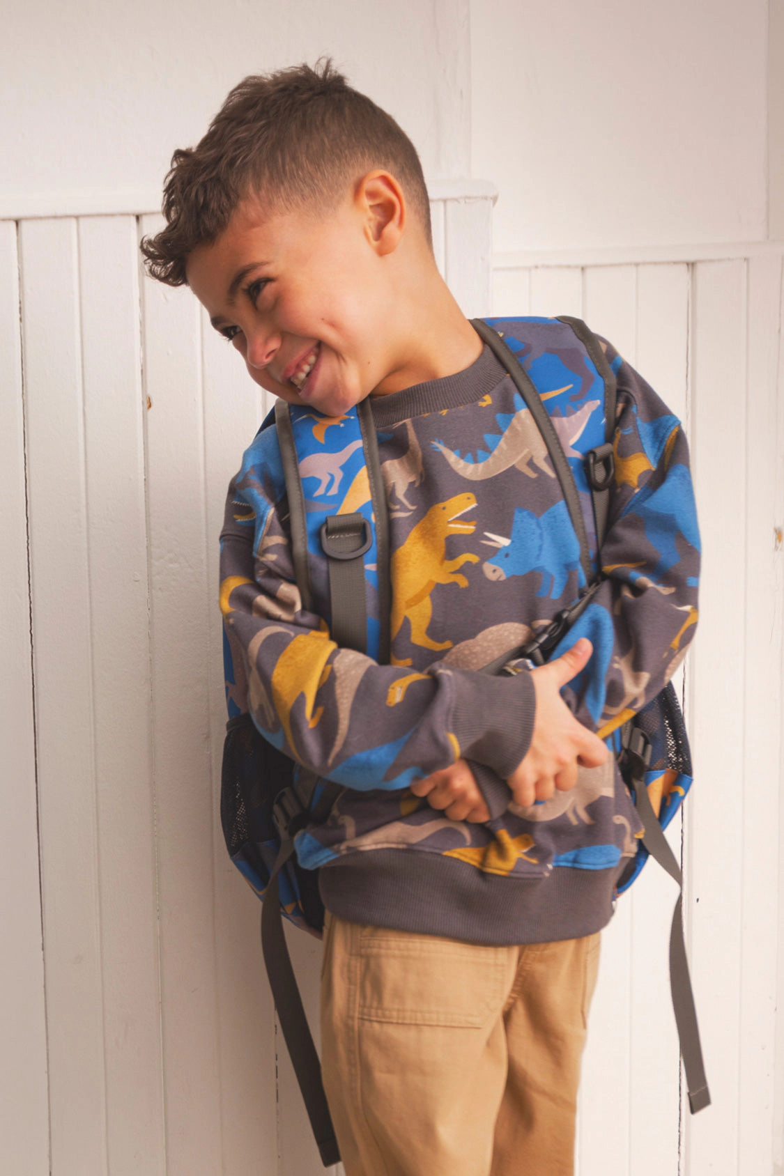 Deux par Deux Boys Dinosaur Print Two-Compartment Backpack with Padded Laptop Sleeve
