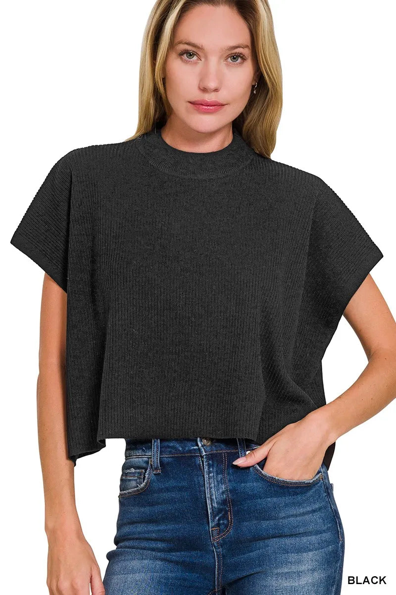 TRUEDAMES Women Viscose Mock Neck Short Sleeve Boxy Sweater