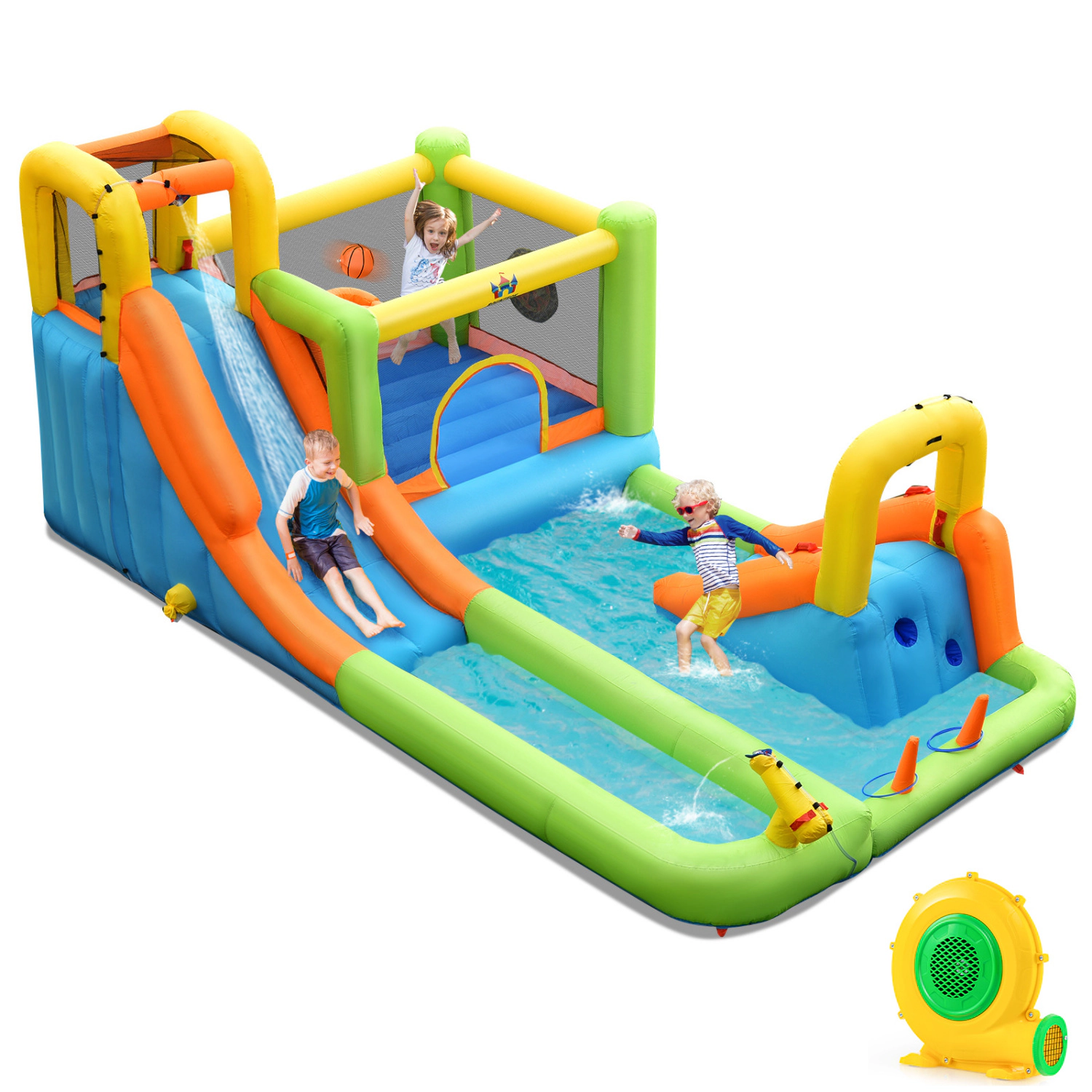 LJG Kids 8-in-1 Inflatable Water Slide Bounce House with Splash Pool and 735W Blower