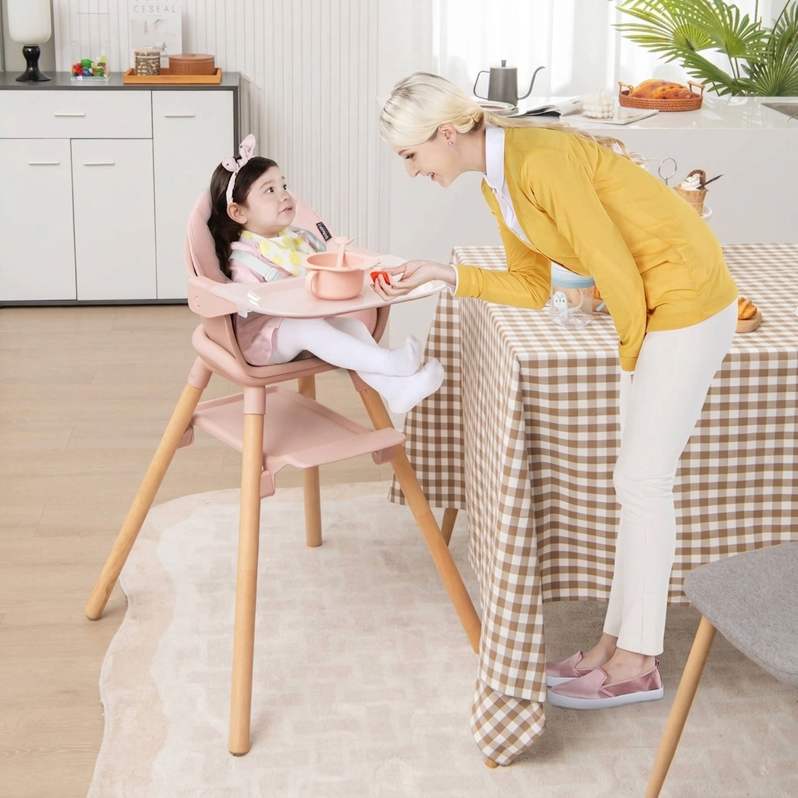 6-in-1 Convertible Baby High Chair with Dishwasher-Safe Double Tray and 5-Point Harness for Babies and Toddlers in Pink